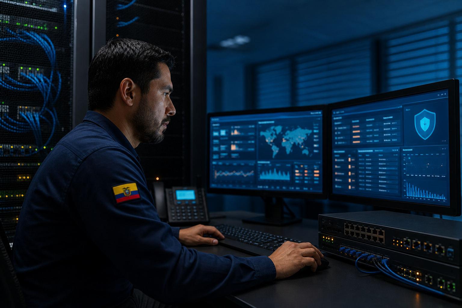 Especialista supervisando la seguridad de redes y servidores empresariales