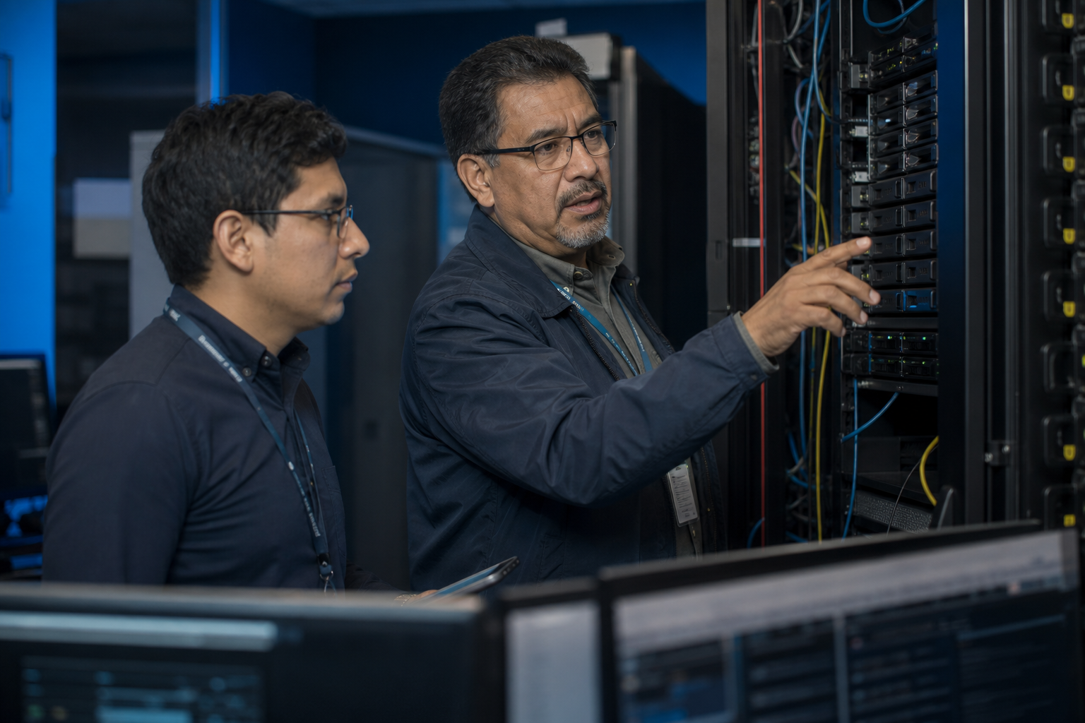 Ingeniero de sistemas experimentado orientando a un colega en un centro de datos