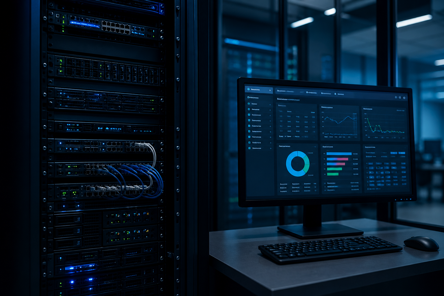 Infraestructura híbrida con servidores físicos y gestión de recursos cloud