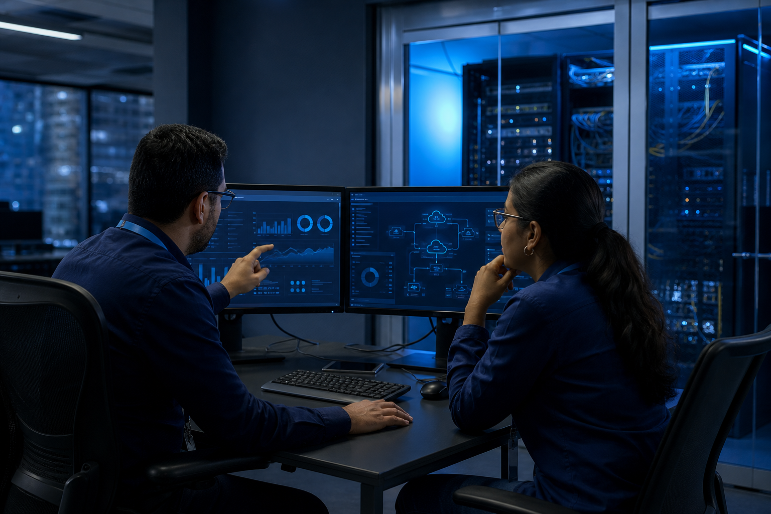 Especialistas gestionando software empresarial e infraestructura desde una misma operación