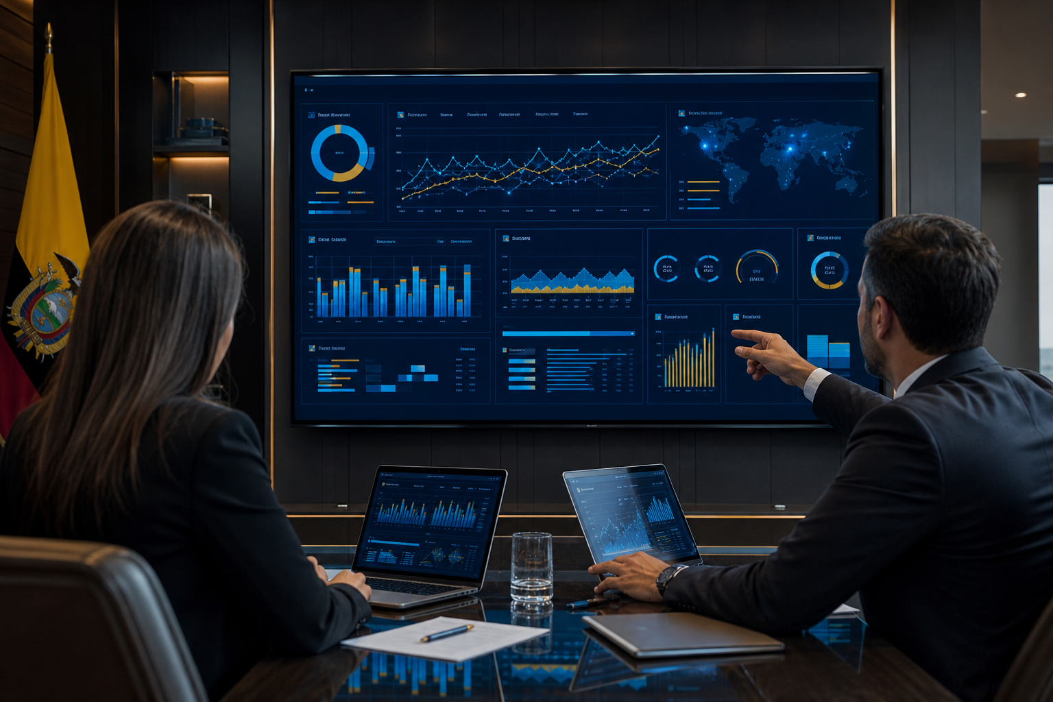 Directivos revisando indicadores y reportes gerenciales en un panel analítico